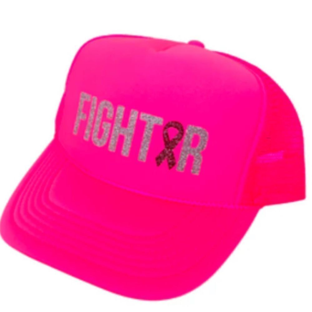 Hot Pink Trucker Hat BRAND NEW Glitter Writing Fighter Breast Cancer Hat